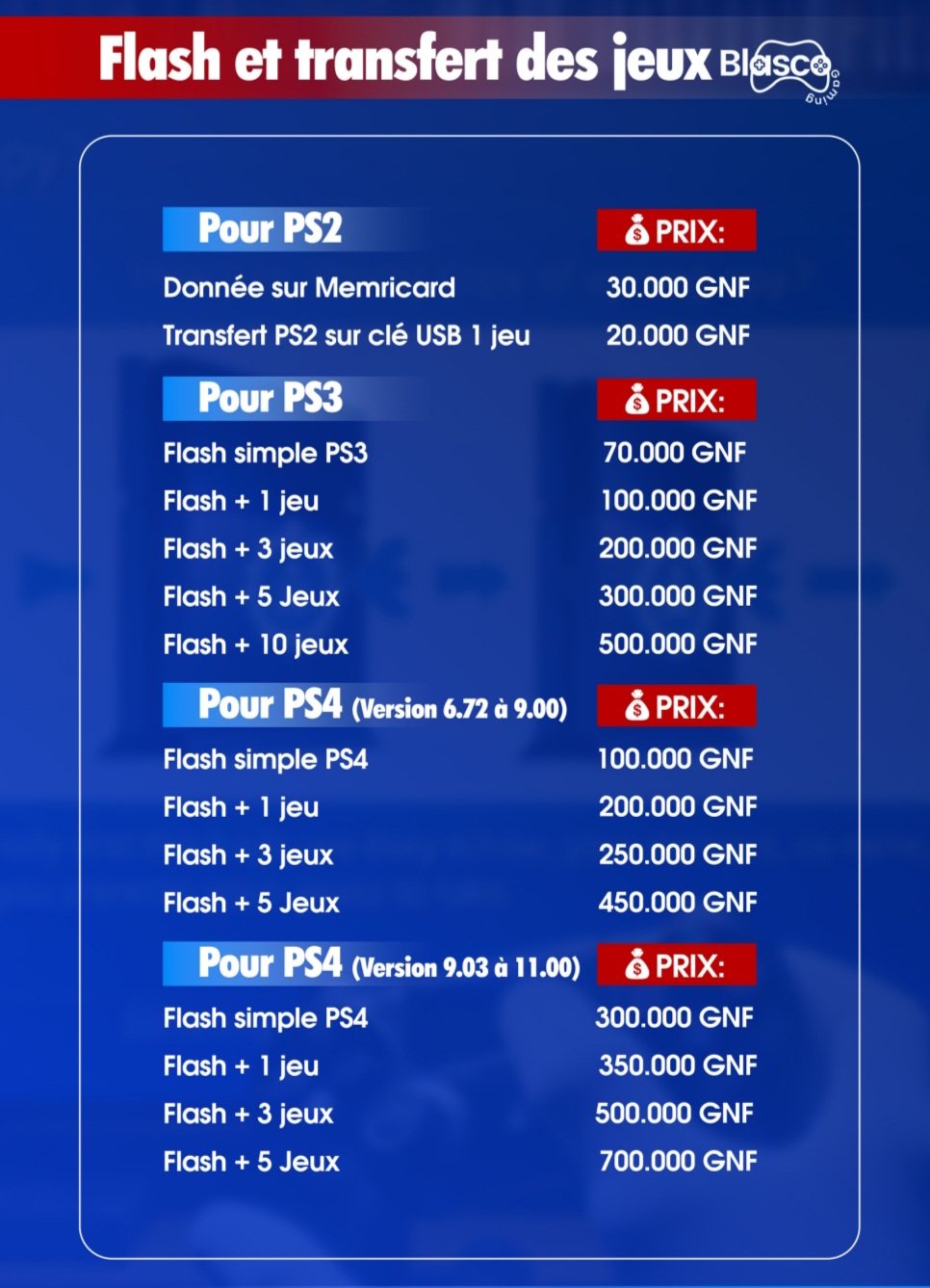 Service de flash et transfert de jeux