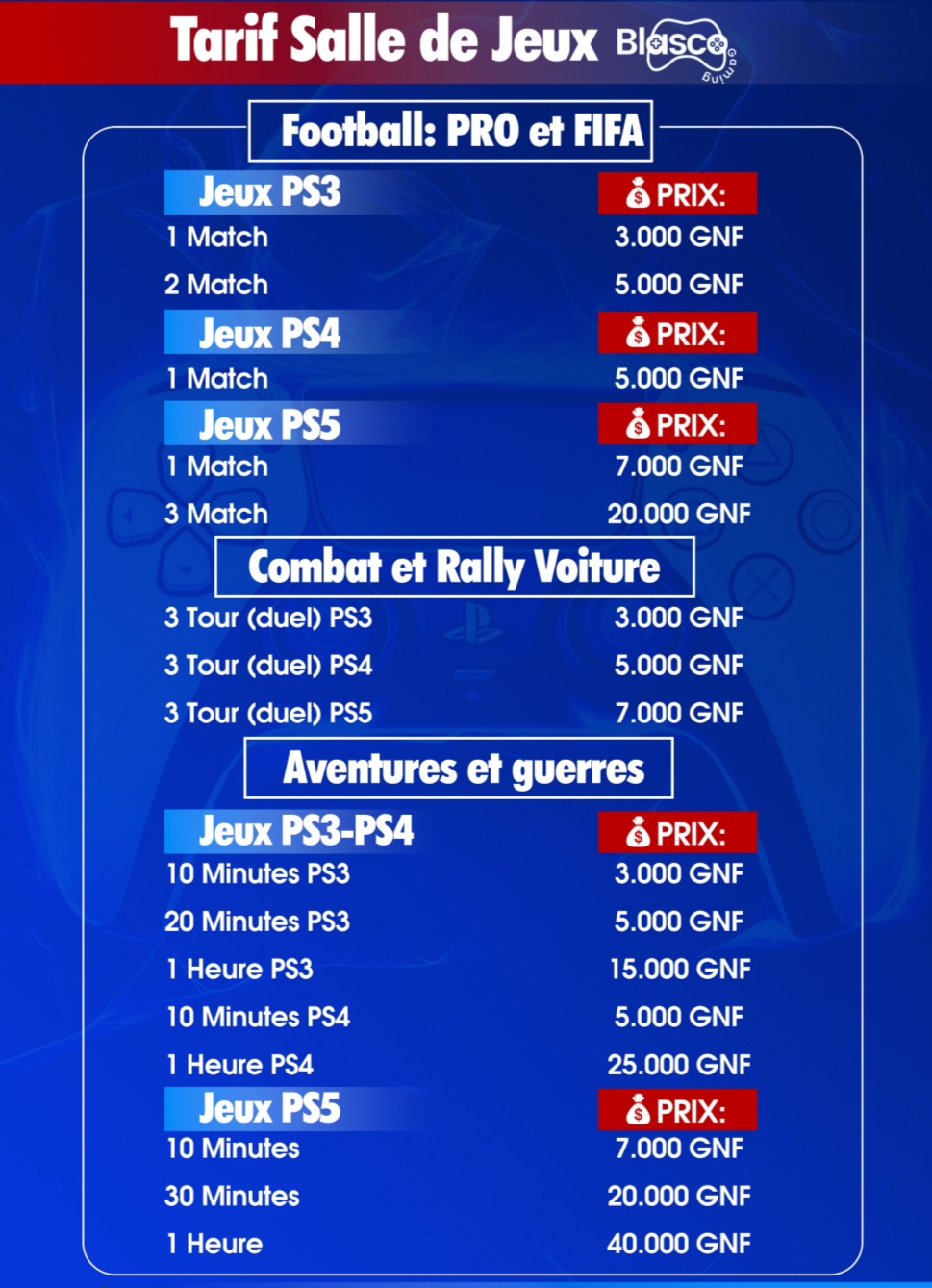 Tarifs de la salle de jeux Blasco Gaming